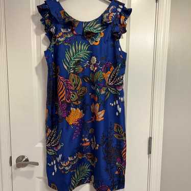 J.Crew ruffle neck blue silk floral dress