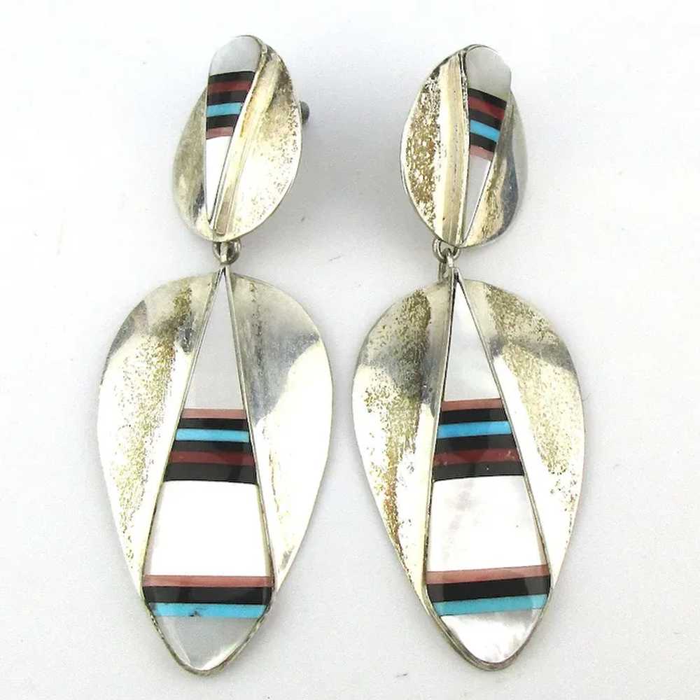 Vintage ZUNI Sterling Silver Inlaid Stone Dangle … - image 2