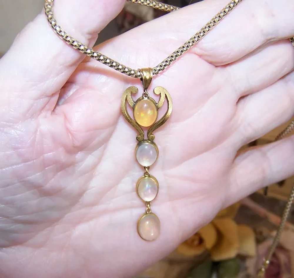 Art Nouveau 14K Gold Jelly Opal and Moonstone Lav… - image 2