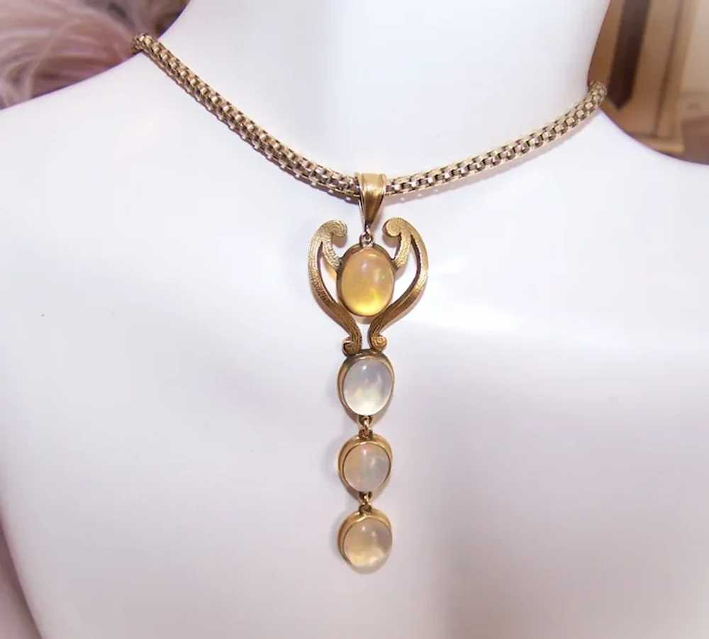 Art Nouveau 14K Gold Jelly Opal and Moonstone Lav… - image 3