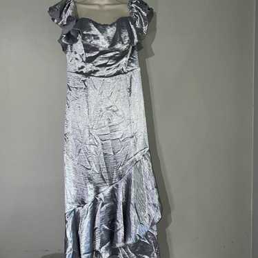 Venus silver metallic off the shoulder ruffle dres