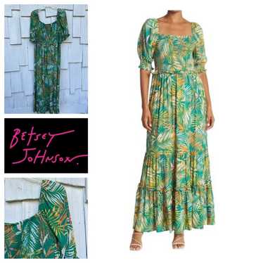 Betsey Johnson Green Palm Leaf Smocked Maxi Dress… - image 1