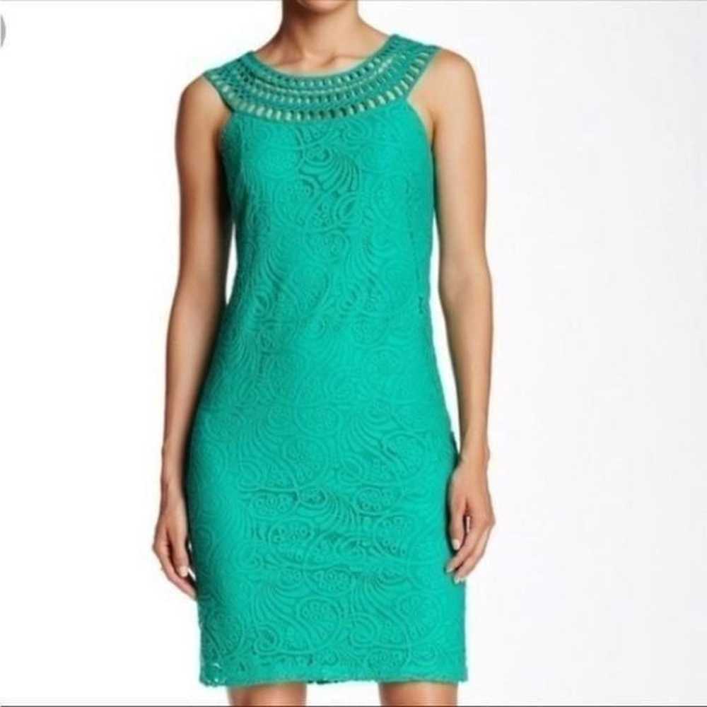 Eliza J Teal Green Crochet High Neck Lace Overlay… - image 1