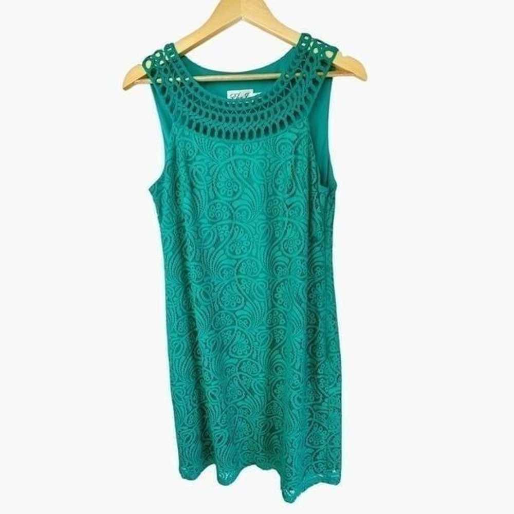 Eliza J Teal Green Crochet High Neck Lace Overlay… - image 3