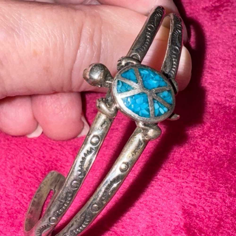 Vintage Native American Sterling Turquoise Turtle… - image 1