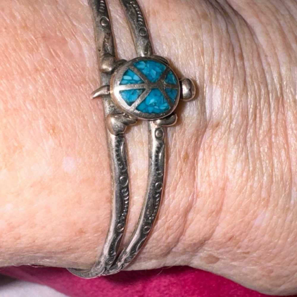 Vintage Native American Sterling Turquoise Turtle… - image 2