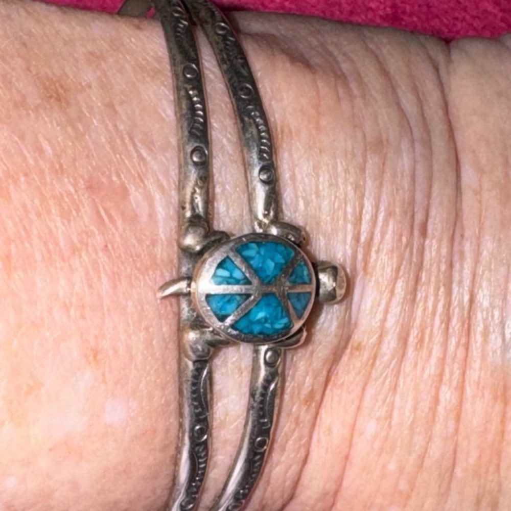 Vintage Native American Sterling Turquoise Turtle… - image 4