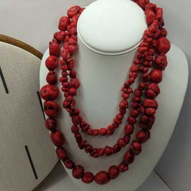 Vintage Red Stone Chunky Necklace Multi Strand Be… - image 1