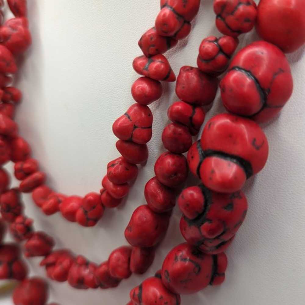 Vintage Red Stone Chunky Necklace Multi Strand Be… - image 2