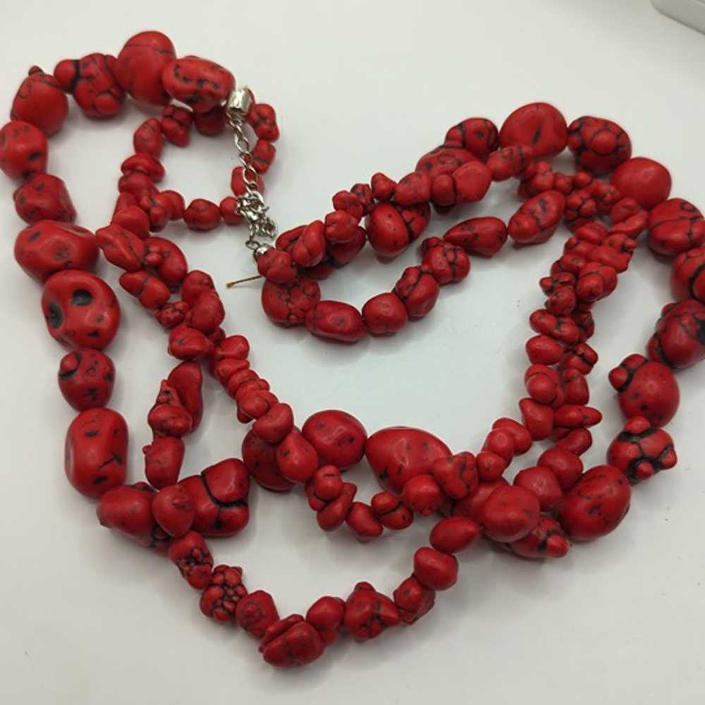 Vintage Red Stone Chunky Necklace Multi Strand Be… - image 3