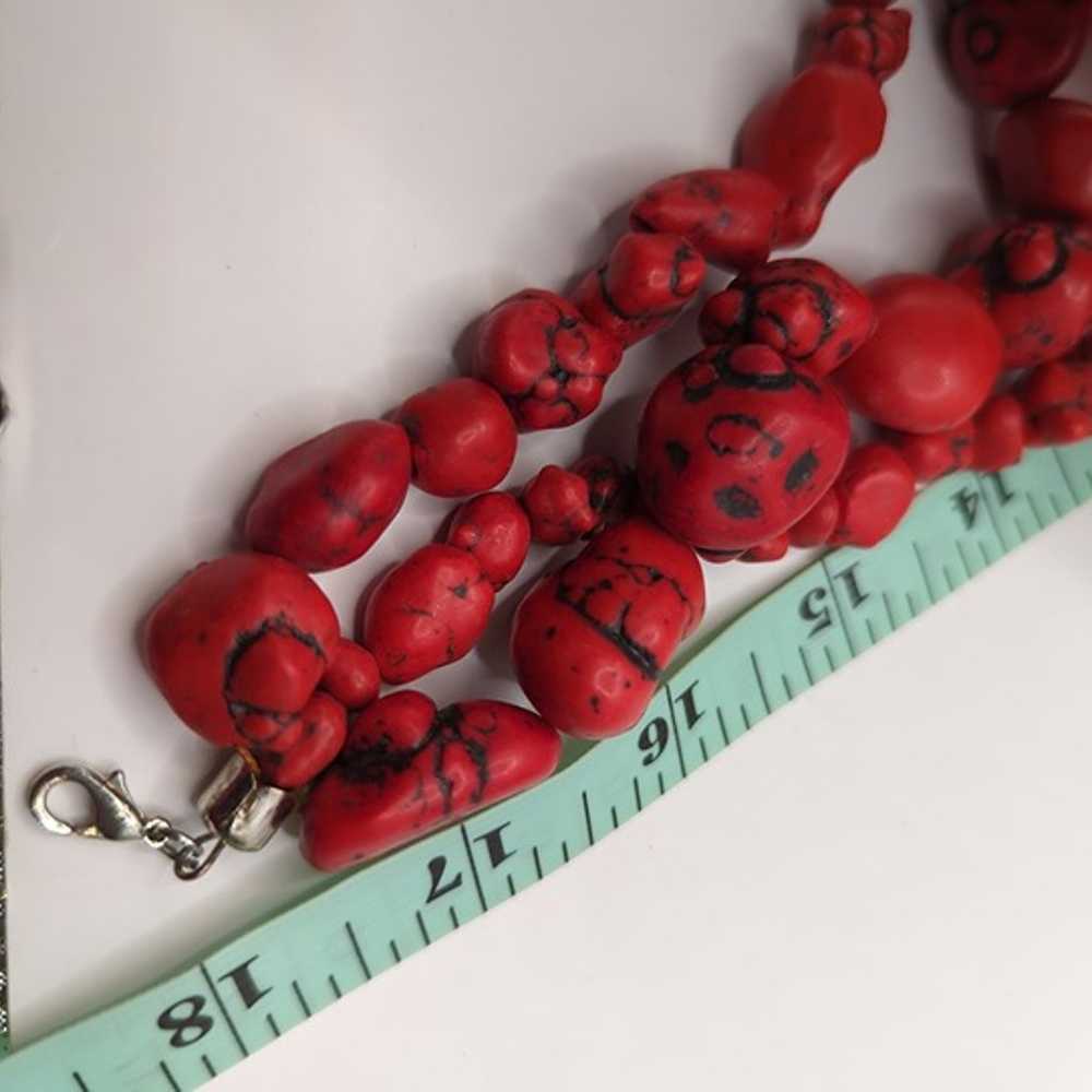 Vintage Red Stone Chunky Necklace Multi Strand Be… - image 5