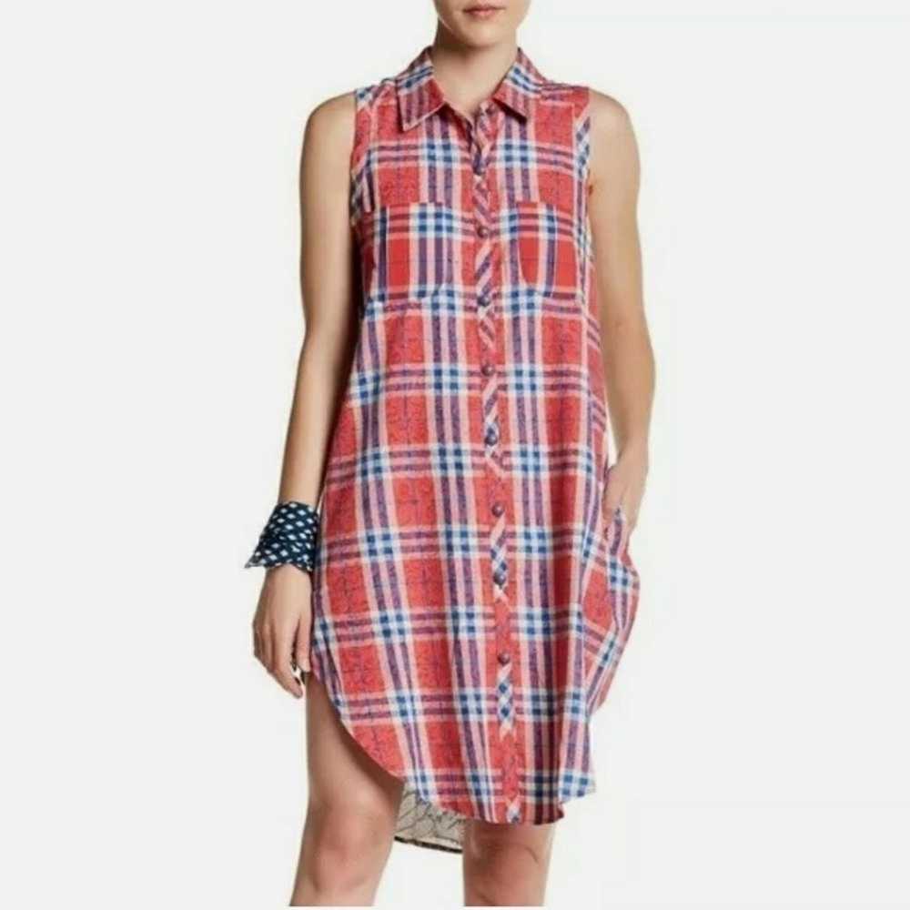 Aratta Cameo shirt dress red blue plaid floral - image 2