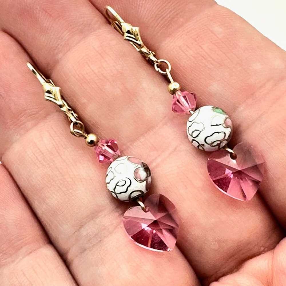 Womens Earrings 10K Gold Pink Crystal Cloisonne' … - image 1