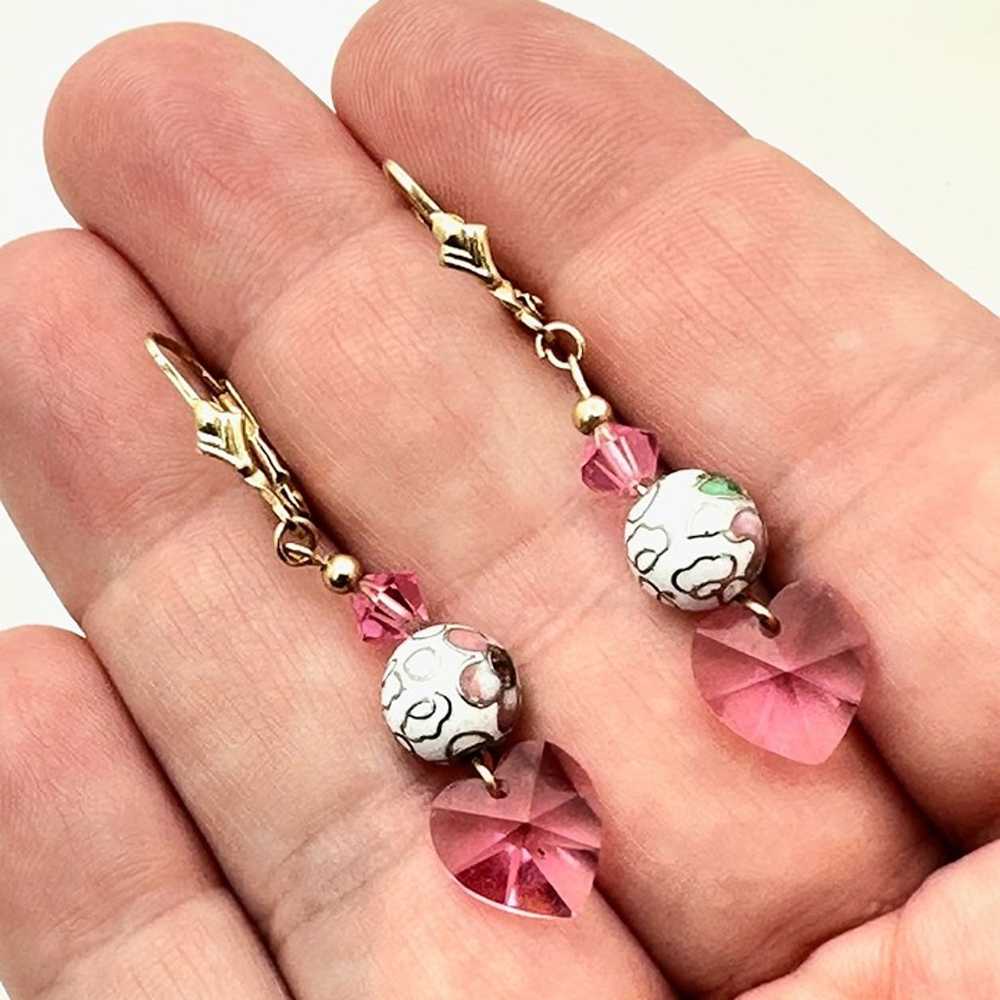 Womens Earrings 10K Gold Pink Crystal Cloisonne' … - image 3