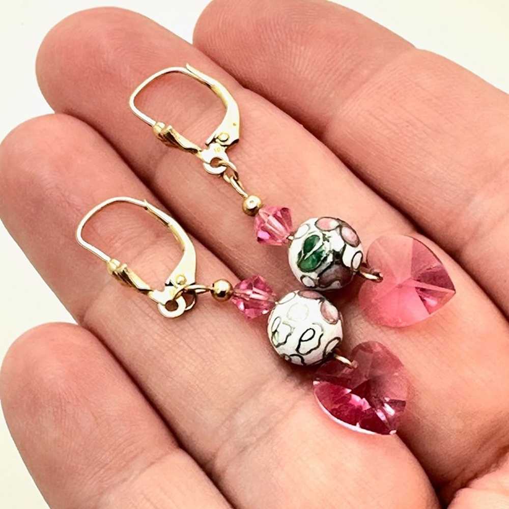 Womens Earrings 10K Gold Pink Crystal Cloisonne' … - image 4