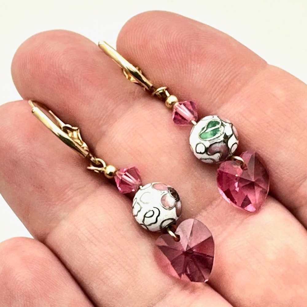 Womens Earrings 10K Gold Pink Crystal Cloisonne' … - image 5