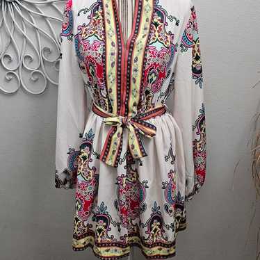 Sunday Up Ivory and Paisley V neck Belted dress - image 1