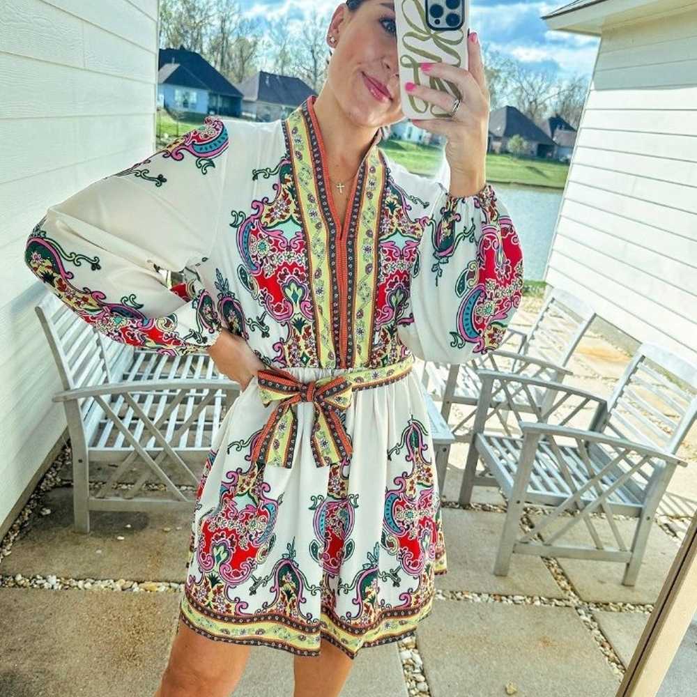 Sunday Up Ivory and Paisley V neck Belted dress - image 8