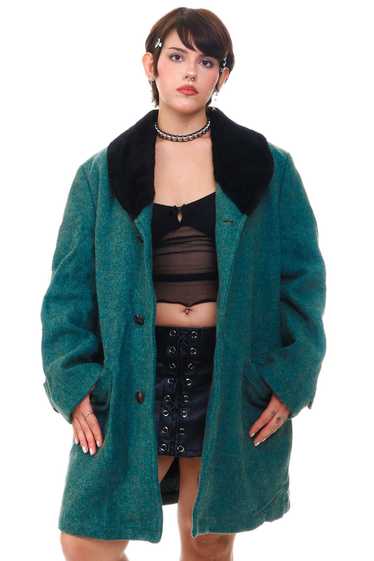 Vintage 80's Alpaca Fur Collar Teal Peacoat - M/L/