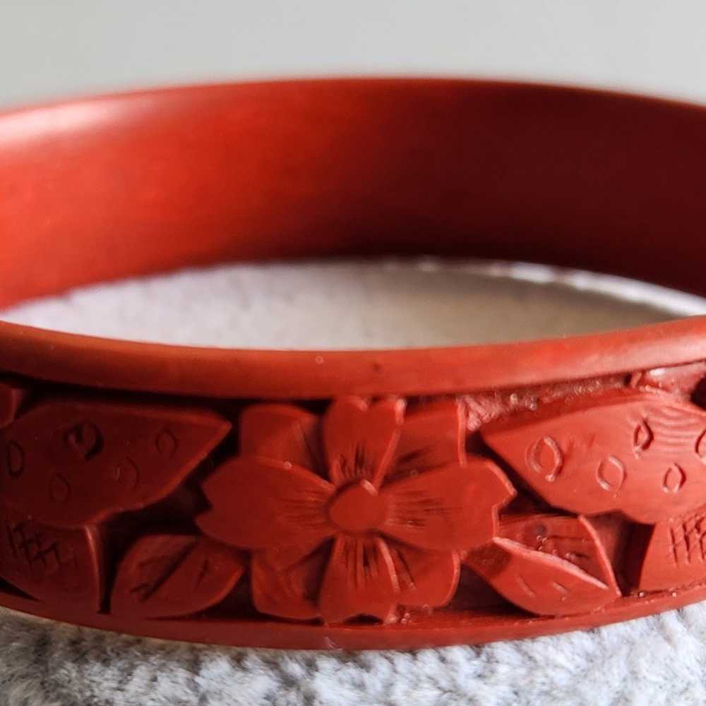 Vintage Hand Carved Cinnabar 9" Bangle Bracelet - image 1