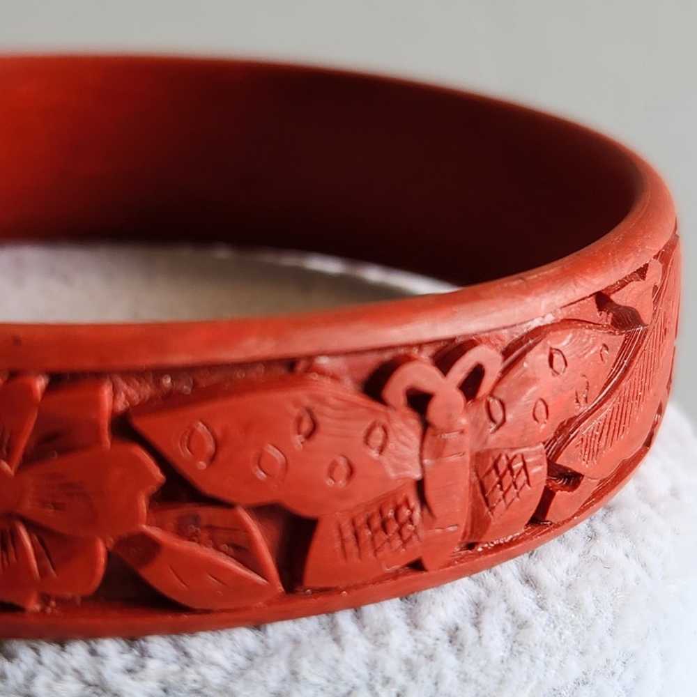 Vintage Hand Carved Cinnabar 9" Bangle Bracelet - image 2