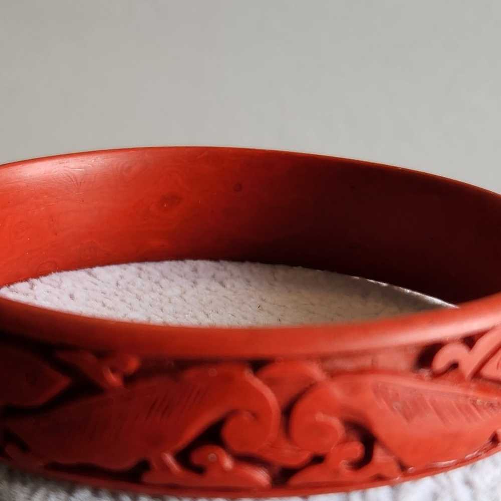 Vintage Hand Carved Cinnabar 9" Bangle Bracelet - image 3