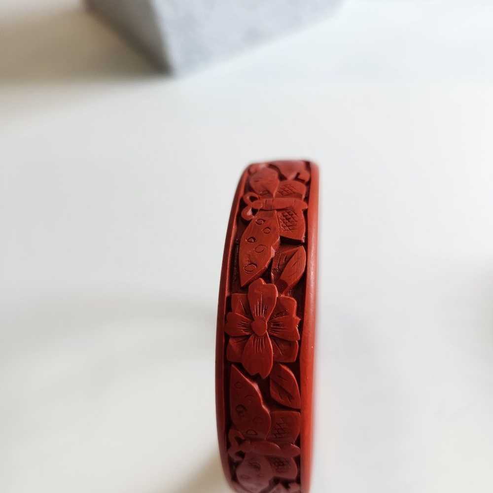 Vintage Hand Carved Cinnabar 9" Bangle Bracelet - image 8