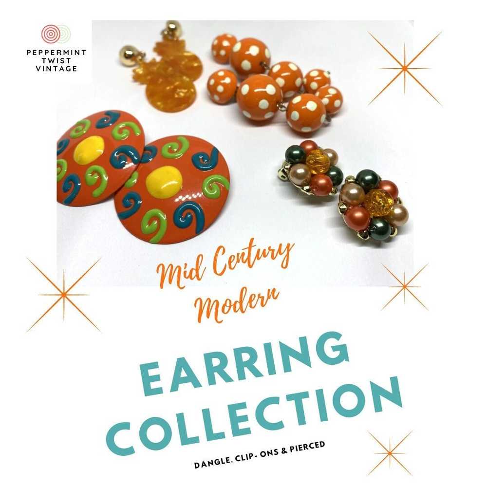 Lot of Four Mid-Century Modern ORANGE TONE Earrin… - image 1