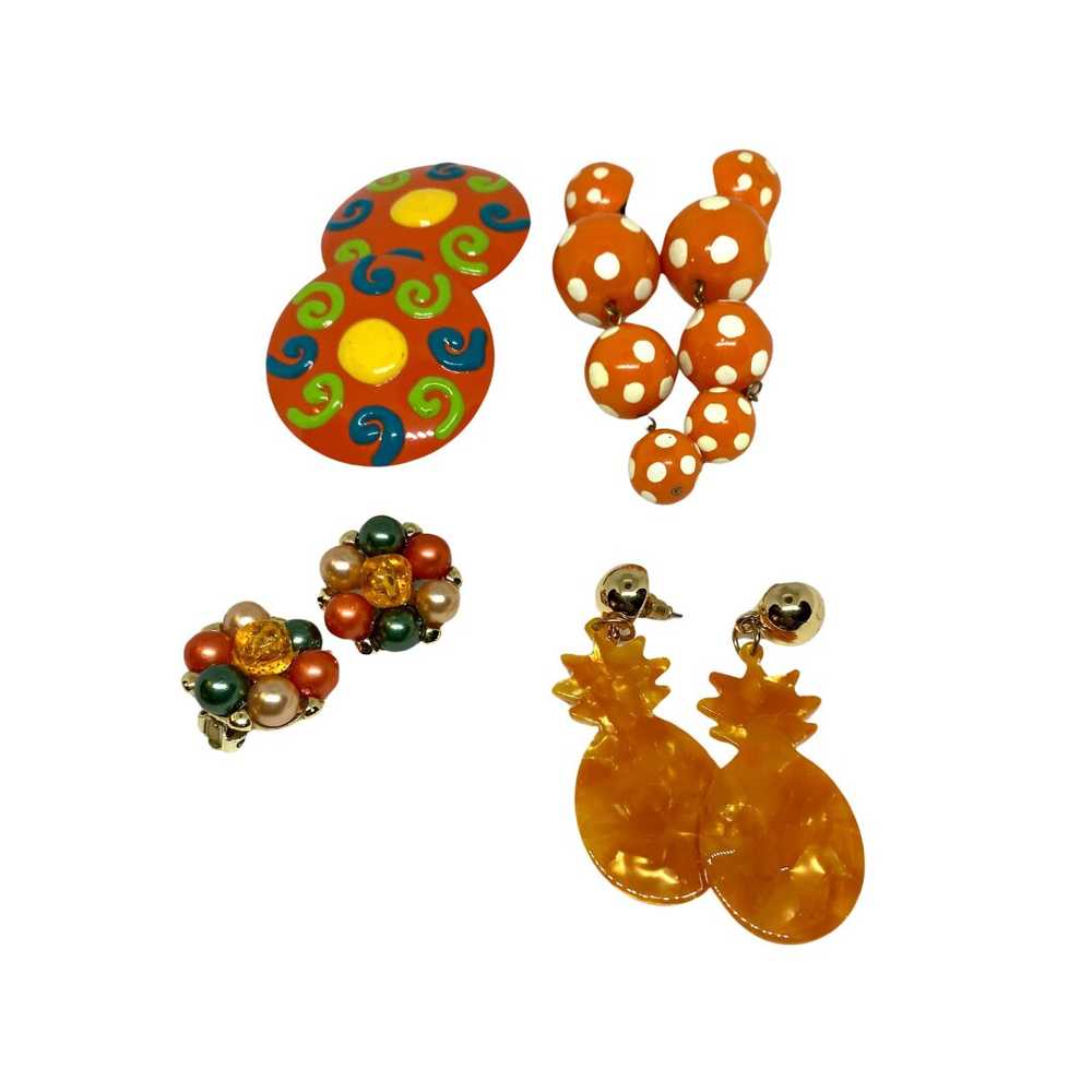 Lot of Four Mid-Century Modern ORANGE TONE Earrin… - image 2