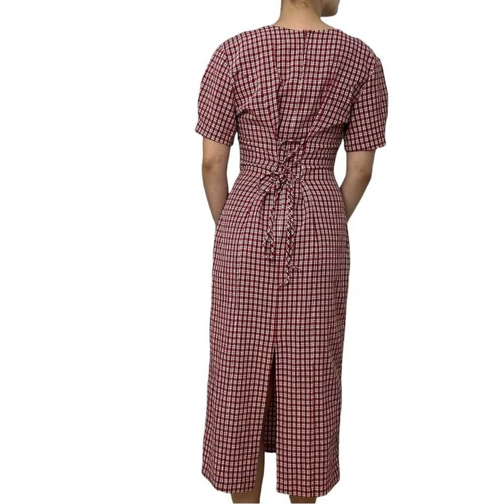 Vintage Midi Dress Lace Up Gingham Red Modest Cas… - image 3