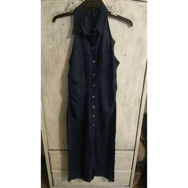 Zara Linen Maxi Collared Button Front Medium Blue 