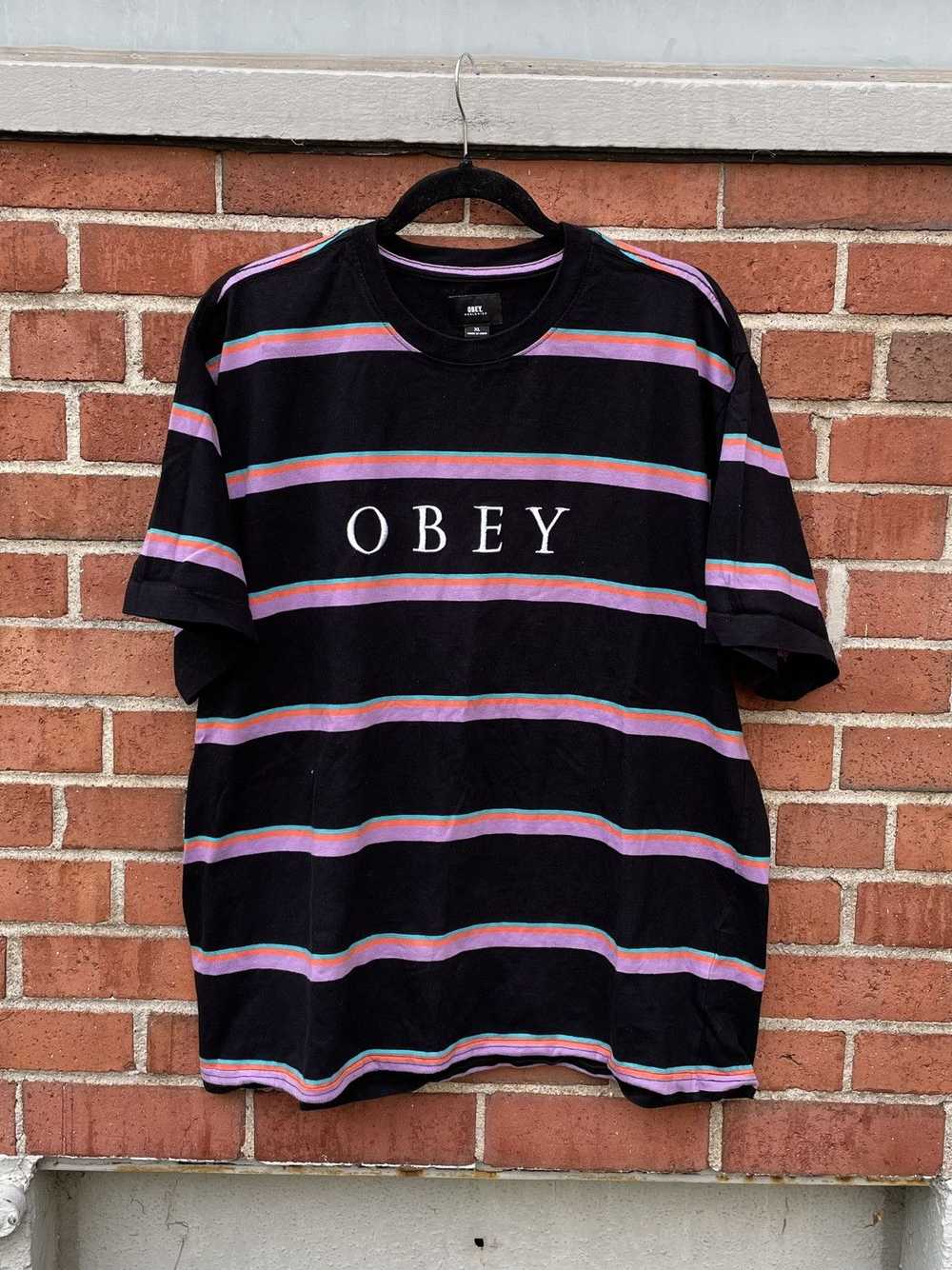 Obey OBEY Men's Black/Multicolored Striped S/S T-… - image 1