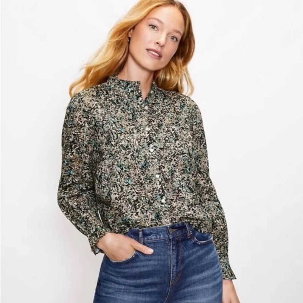 Loft Loft Floral Cotton Long Sleeve Mock Neck Blo… - image 1