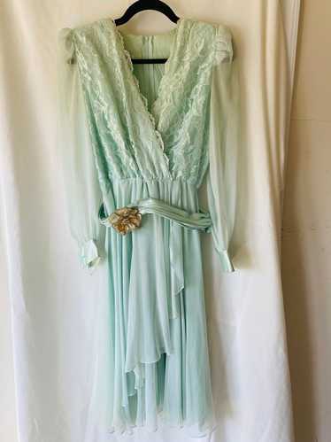 80s Teal Sheer/Lace Dress w/Flower Belt