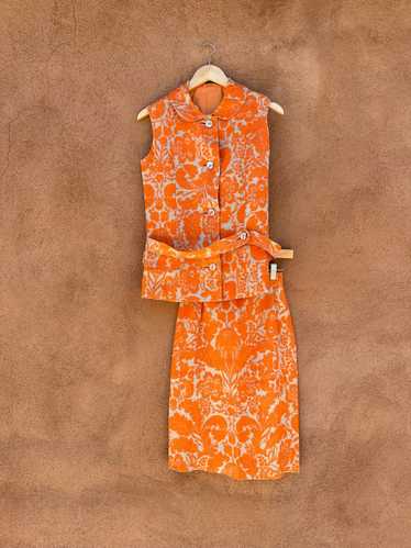 1960's Orange & Tan Two Piece Belted Suit Dress