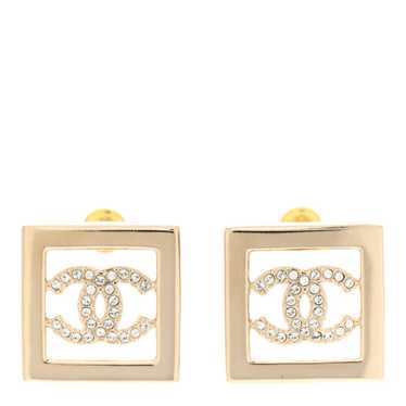 CHANEL Metal Crystal Square CC Earrings Gold