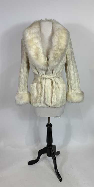 1960s Cream Knit Faux Fur Trim Penny Lane Coat