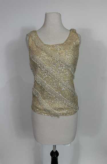 1950s - 1960s Cream Wool Knit Sequin & Beaded Slee