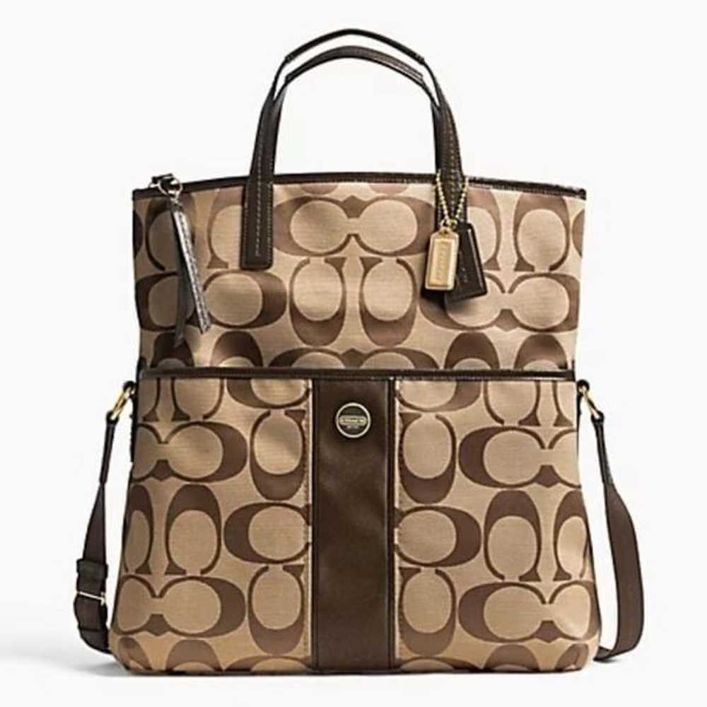 Coach Fold Over Signature Stripe Tote Shoulder Bag - image 9