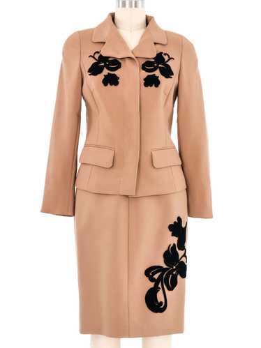 Escada Camel Velvet Applique Skirt Suit