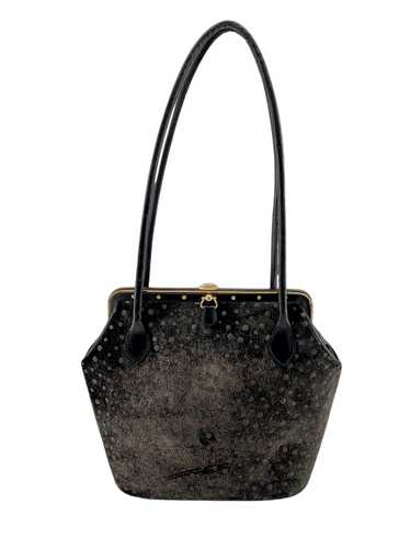 Judith Leiber 90's Shimmery Charcoal Suede Polka D