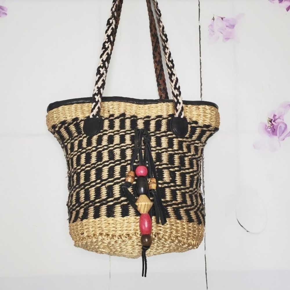 Patricia Nash Maya Straw Woven Bucket Shoulder Bag - image 1