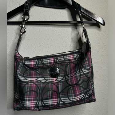 COACH Poppy Tartan  Handbag (Black and Purple Plai