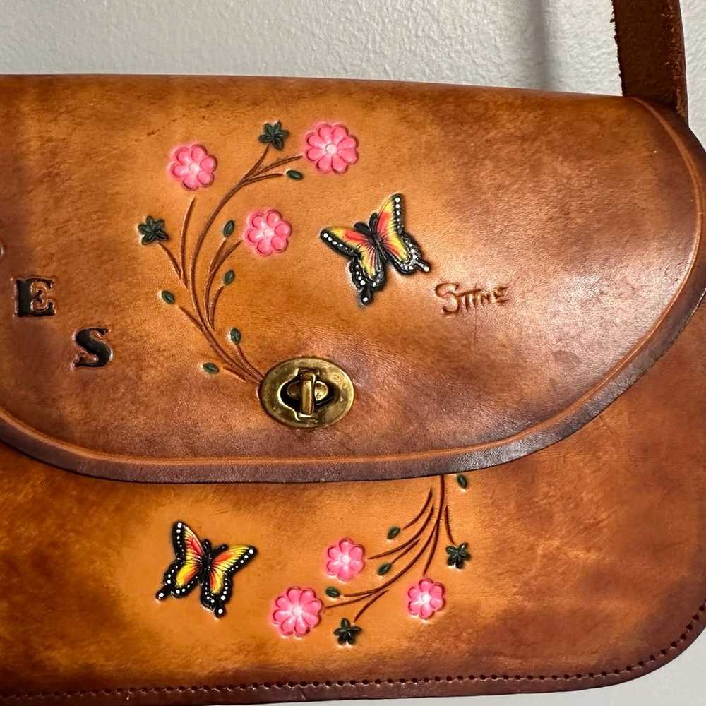 Vintage Stine Brown Tooled Leather Butterflies Fl… - image 4