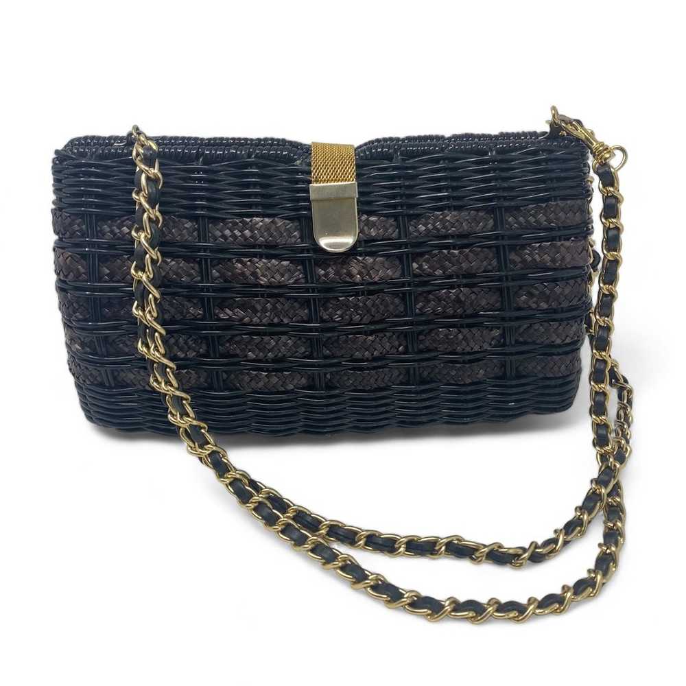 Vintage Black woven handbag purse with gold mesh … - image 1