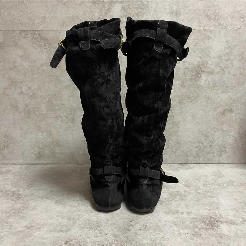 Long boots with belt, flat, black, suede-like mat… - image 3