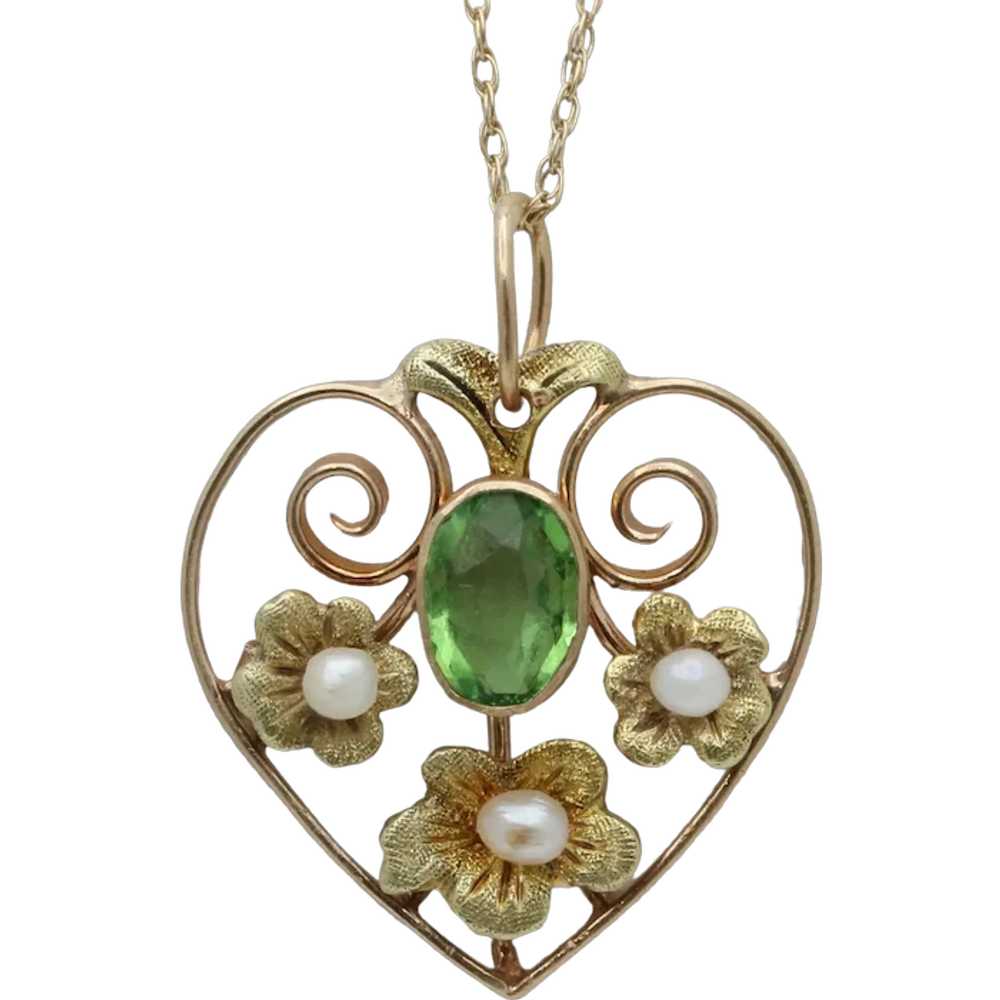 Art Nouveau Heart Flower Peridot Pearl Pendant - image 1