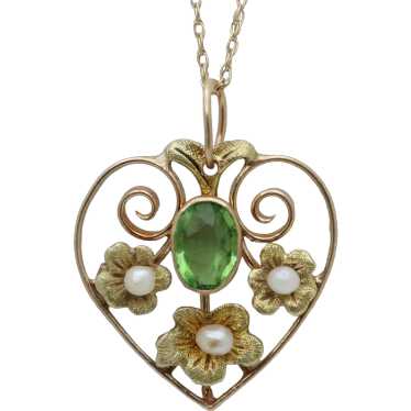 Art Nouveau Heart Flower Peridot Pearl Pendant - image 1