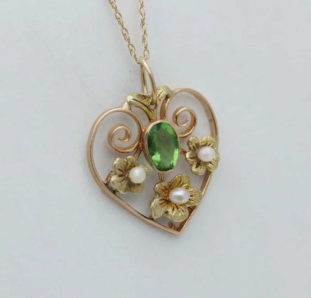 Art Nouveau Heart Flower Peridot Pearl Pendant - image 2