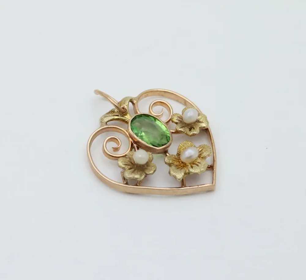 Art Nouveau Heart Flower Peridot Pearl Pendant - image 3